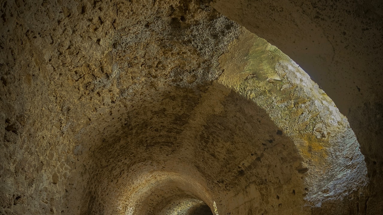A dark stone tunnel with a vaulted arched ceiling, receding into shadow