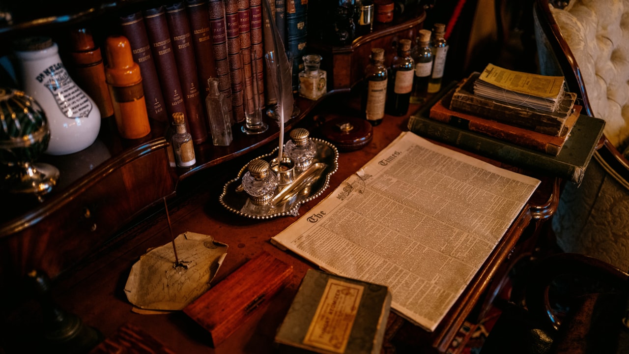 An antique wooden desk strewn with old papers, an inkwell, and leather-bound books in low light